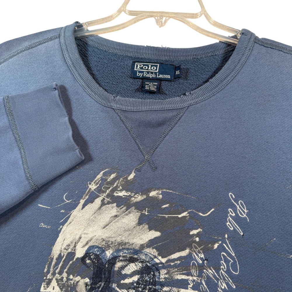 Polo Ralph Lauren Sweatshirt Mens XL Blue Indian Head Distressed Abstract